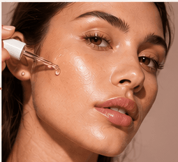 A model pressing in The Glow Serum, skin dewy and radiant