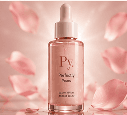 The Glow Serum, a frosted blush dropper bottle resting on rose petals