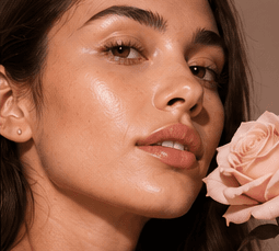 You, perfectly — a model glowing, holding a soft pink rose